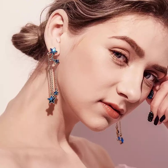 Blue stars drop gold earrings - Picture 6 of 8